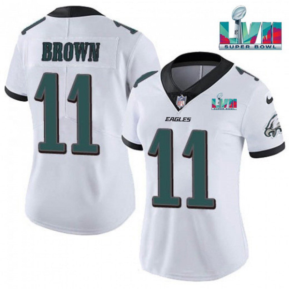 Women's Philadelphia Eagles #11 A.J. Brown White Super Bolw LVII Patch Vapor Untouchable Limited Stitched Football Jersey(Run Small) 