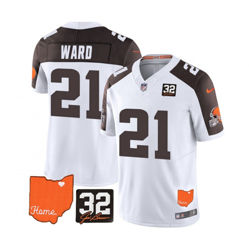 Men's Cleveland Browns #21 Denzel Ward White/Brown 2023 F.U.S.E. With Jim Brown Memorial Patch Vapor Untouchable Limited Stitched Jersey 