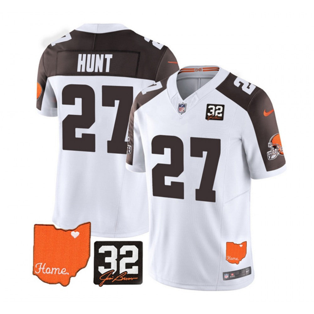 Men's Cleveland Browns #27 Kareem Hunt White/Brown 2023 F.U.S.E. With Jim Brown Memorial Patch Vapor Untouchable Limited Stitched Jersey 