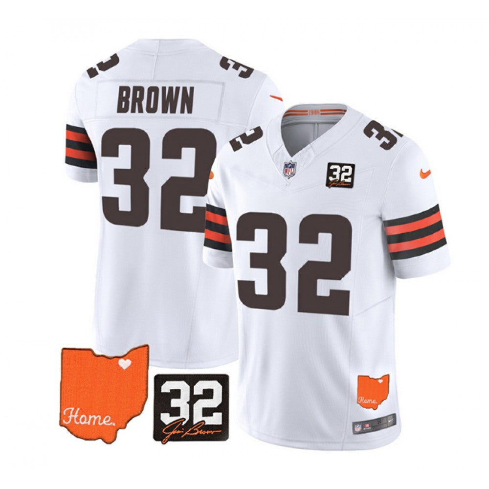 Men's Cleveland Browns #32 Jim Brown White 2023 F.U.S.E. With Jim Brown Memorial Patch Vapor Untouchable Limited Stitched Jersey 