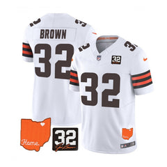 Men's Cleveland Browns #32 Jim Brown White 2023 F.U.S.E. With Jim Brown Memorial Patch Vapor Untouchable Limited Stitched Jersey 