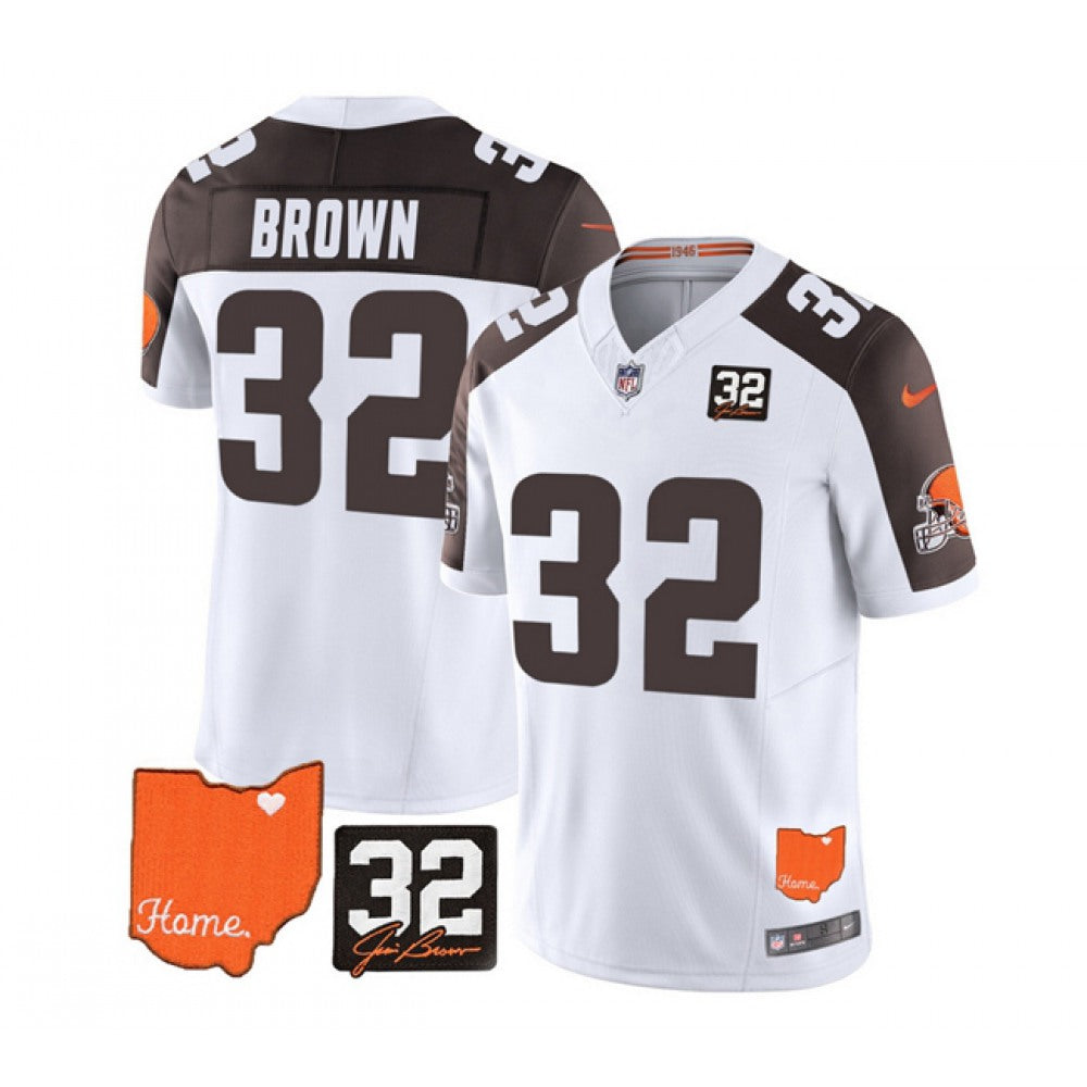 Men's Cleveland Browns #32 Jim Brown White/Brown 2023 F.U.S.E. With Jim Brown Memorial Patch Vapor Untouchable Limited Stitched Jersey 
