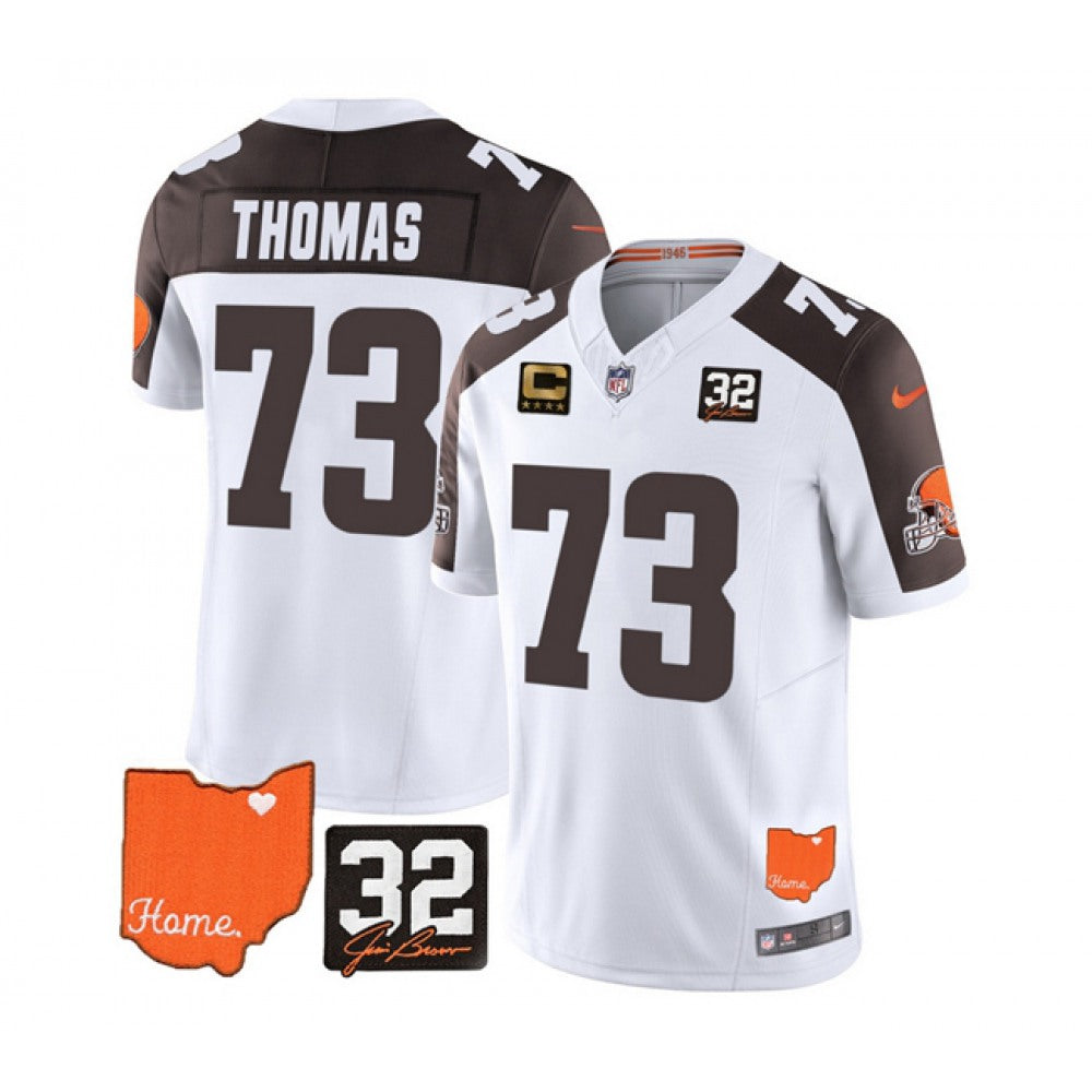 Men's Cleveland Browns #73 Joe Thomas White/Brown 2023 F.U.S.E. With Jim Brown Memorial Patch And 4-Star C Patch Vapor Untouchable Limited Stitched Jersey 