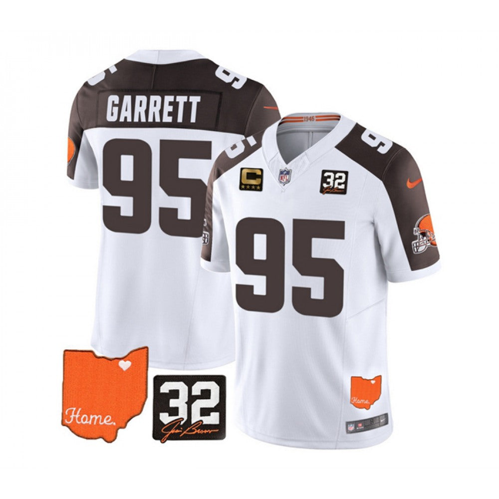 Men's Cleveland Browns #95 Myles Garrett White/Brown 2023 F.U.S.E. With Jim Brown Memorial Patch And 4-Star C Patch Vapor Untouchable Limited Stitched Jersey 