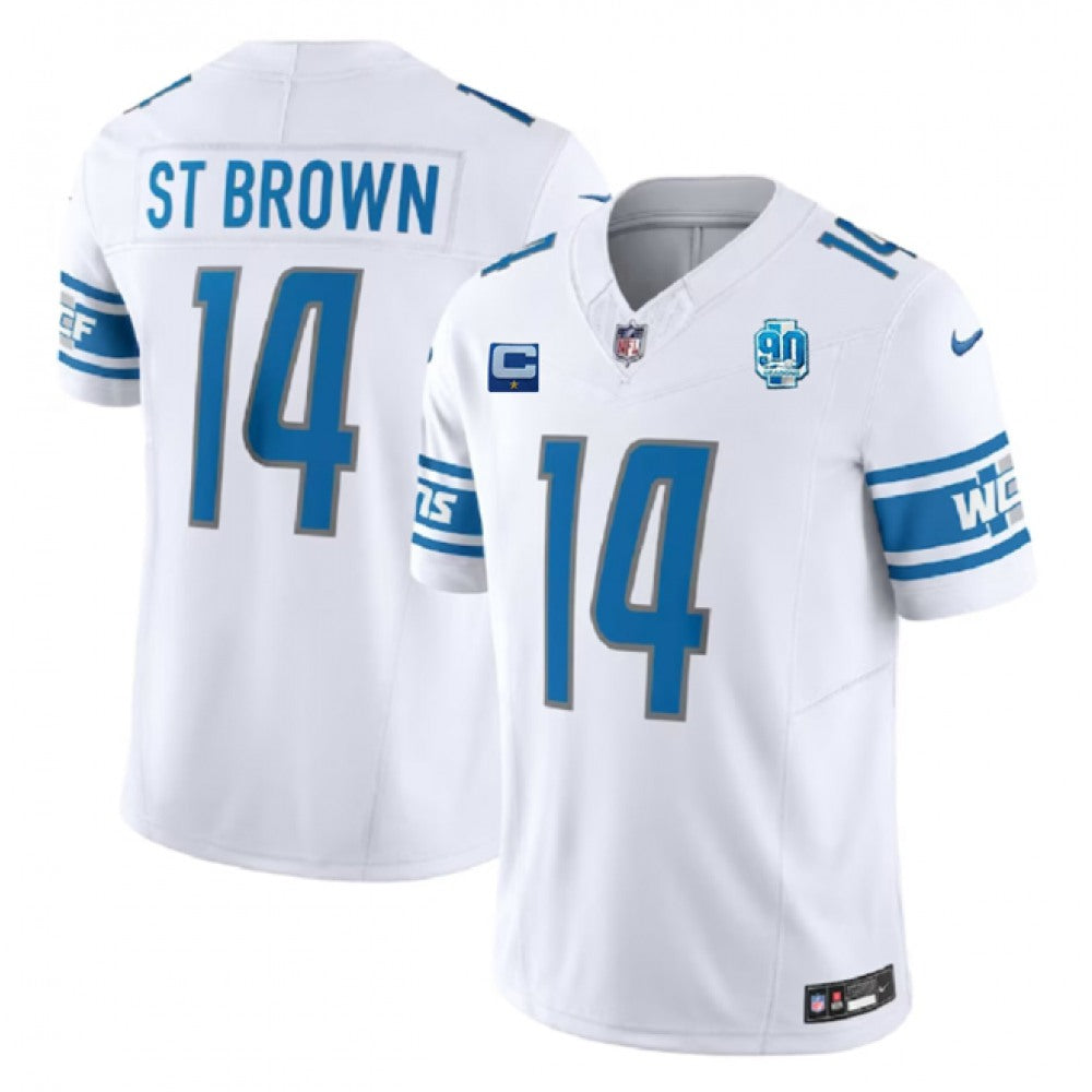 Men's Detroit Lions #14 Amon-Ra St. Brown White 2023 F.U.S.E. With 1-Star C Patch And 90th Anniversary Patch Vapor Untouchable Limited Stitched Jersey 