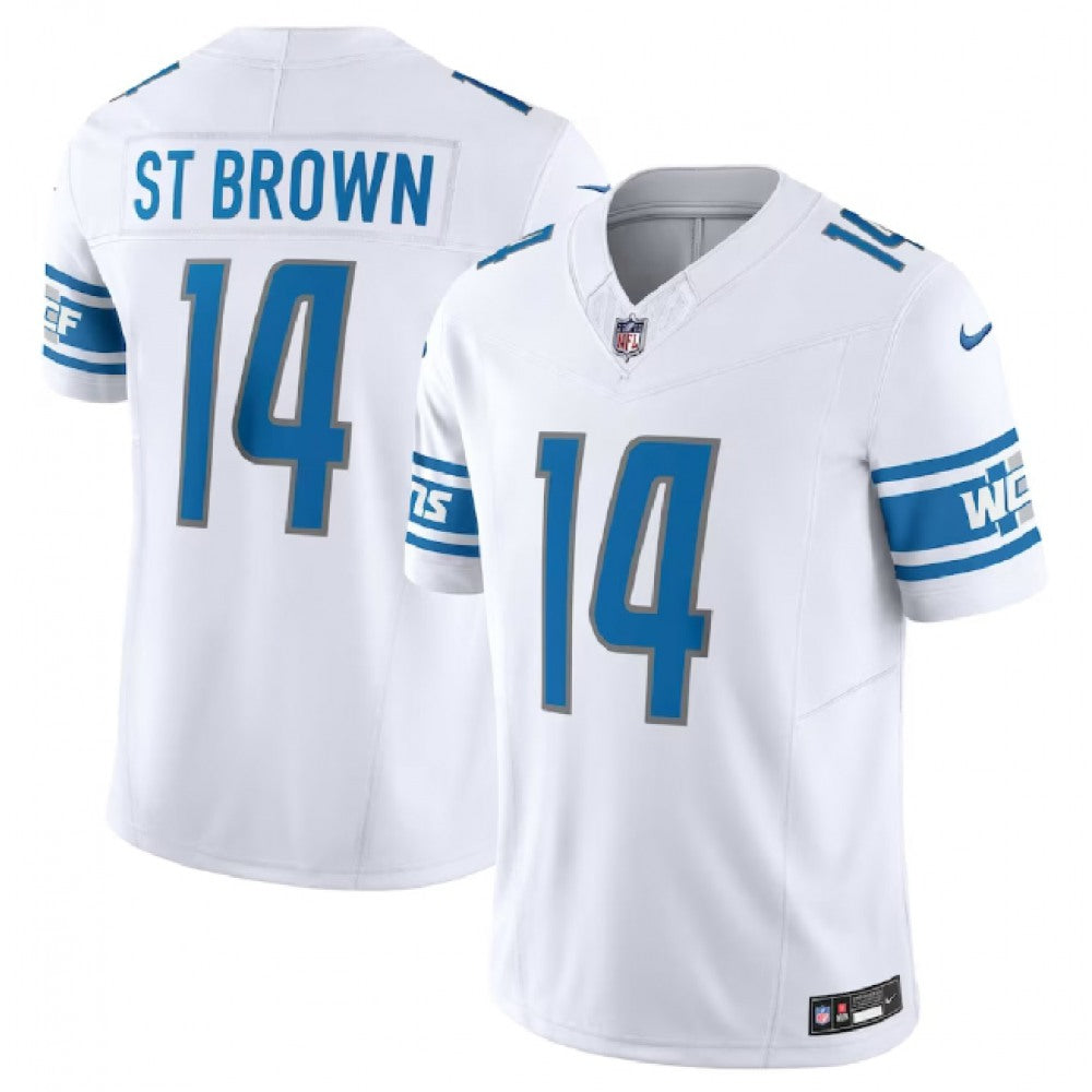 Men's Detroit Lions #14 Amon-Ra St. Brown White 2023 F.U.S.E. Vapor Untouchable Limited Stitched Jersey 