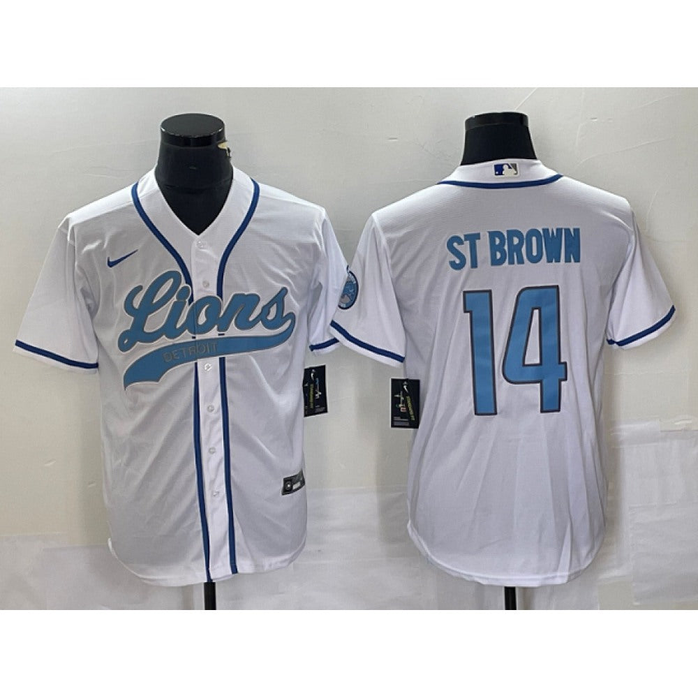 Men's Detroit Lions #14 Amon-Ra St. Brown White Cool Base Stitched Baseball Jersey 