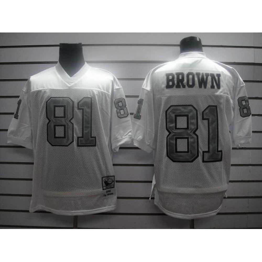 Mitchell And Ness 1994 Raiders #81 T.Brown White Silver No. Stitched NFL Jersey With 75TH Anniversary Patch 