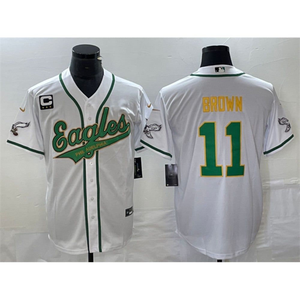 Men's Philadelphia Eagles #11 A. J. Brown White Gold With 3-star C Patch Cool Base Stitched Baseball Jersey 