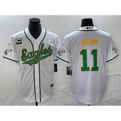 Men's Philadelphia Eagles #11 A. J. Brown White Gold With 3-star C Patch Cool Base Stitched Baseball Jersey 