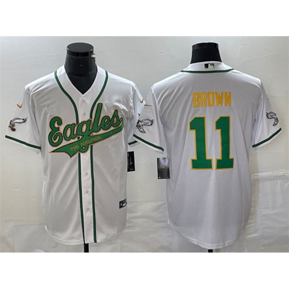Men's Philadelphia Eagles #11 A. J. Brown White Gold Cool Base Stitched Baseball Jersey 