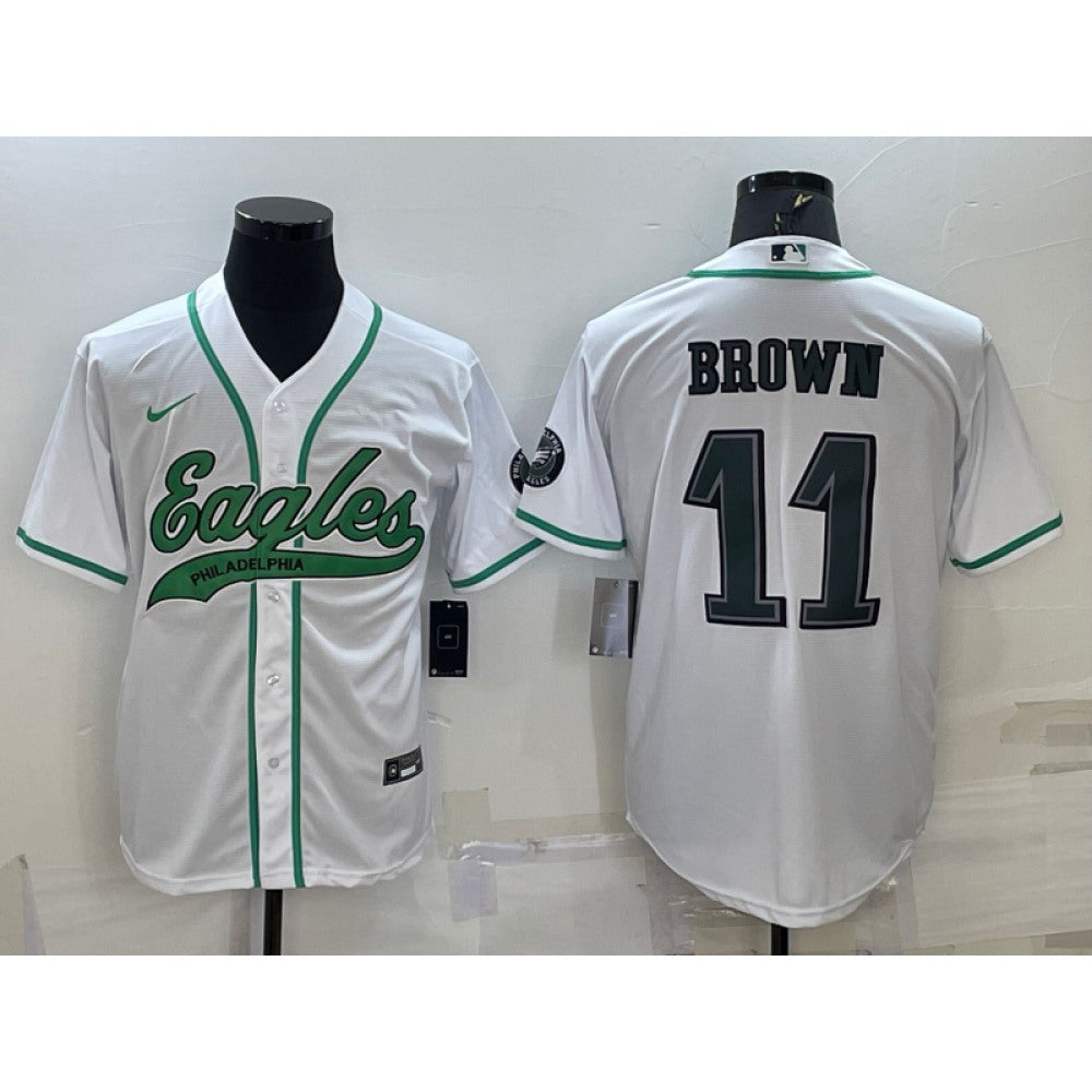 Men's Philadelphia Eagles #11 A. J. Brown White With Patch Cool Base Stitched Baseball Jersey 