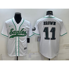 Men's Philadelphia Eagles #11 A. J. Brown White With Patch Cool Base Stitched Baseball Jersey 