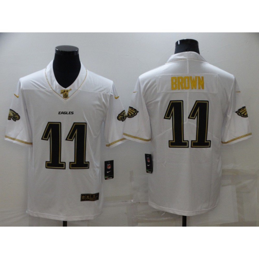Men's Philadelphia Eagles #11 A. J. Brown 100th Season Golden Edition Stitched Jersey 