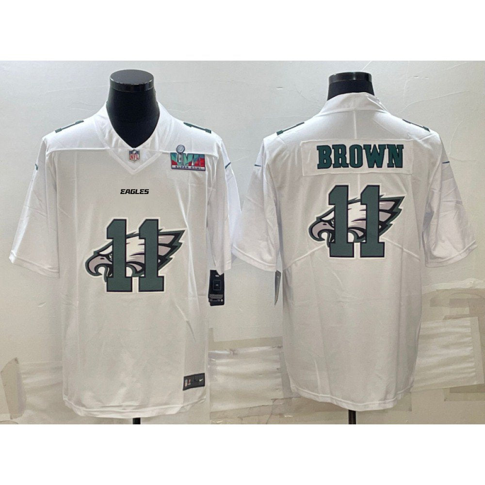 Men's Philadelphia Eagles #11 A. J. Brown Super Bowl LVII Patch White Shadow Logo Limited Stitched Jersey 