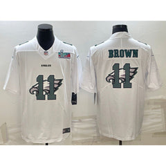 Men's Philadelphia Eagles #11 A. J. Brown Super Bowl LVII Patch White Shadow Logo Limited Stitched Jersey 