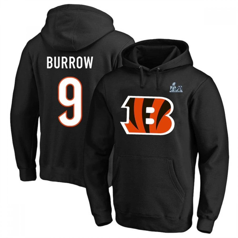 Men's Cincinnati Bengals #9 Joe Burrow Black Super Bowl LVI Pullover Hoodie 