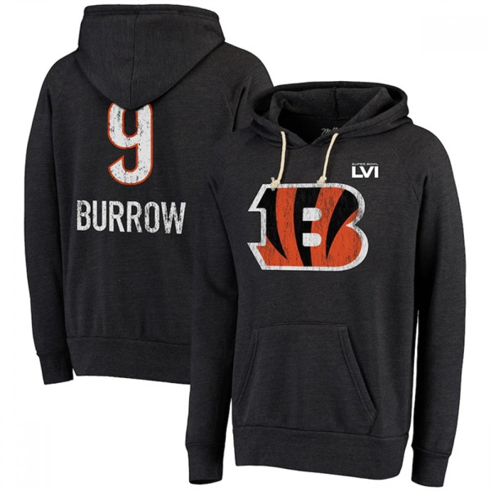 Men's Cincinnati Bengals #9 Joe Burrow Black Super Bowl LVI Pullover Hoodie 