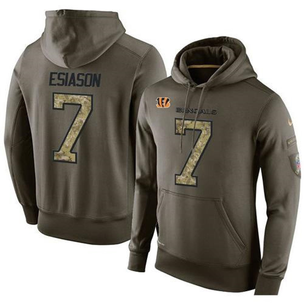 NFL Men's Cincinnati Bengals #7 Boomer Esiason Stitched Green Olive Salute To Service KO Performance Hoodie 