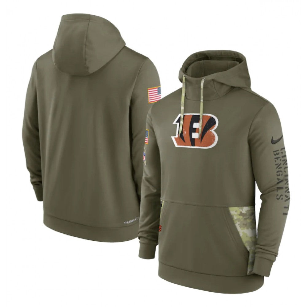 Men's Cincinnati Bengals 2022 Olive Salute to Service Therma Performance Pullover Hoodie 