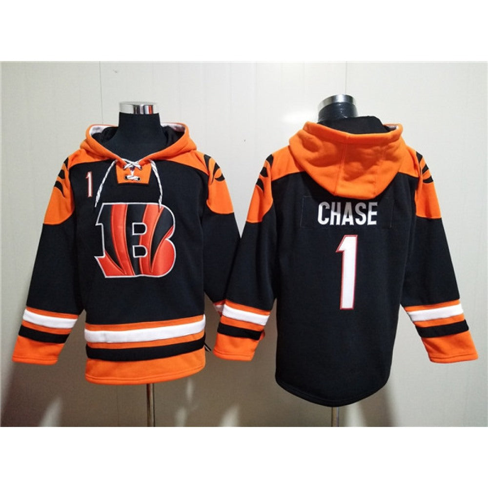 Men's Cincinnati Bengals #1 Ja'Marr Chase Orange/Black Ageless Must-Have Lace-Up Pullover Hoodie 