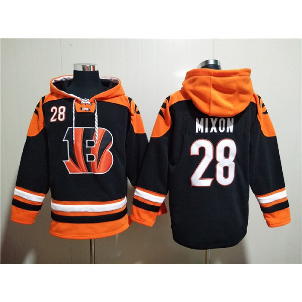 Men's Cincinnati Bengals #28 Joe Mixon Orange/Black Ageless Must-Have Lace-Up Pullover Hoodie 