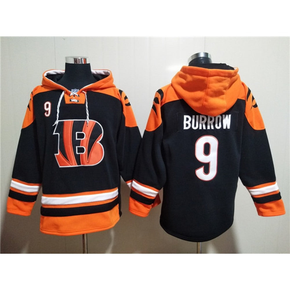Men's Cincinnati Bengals #9 Joe Burrow Orange/Black Ageless Must-Have Lace-Up Pullover Hoodie 