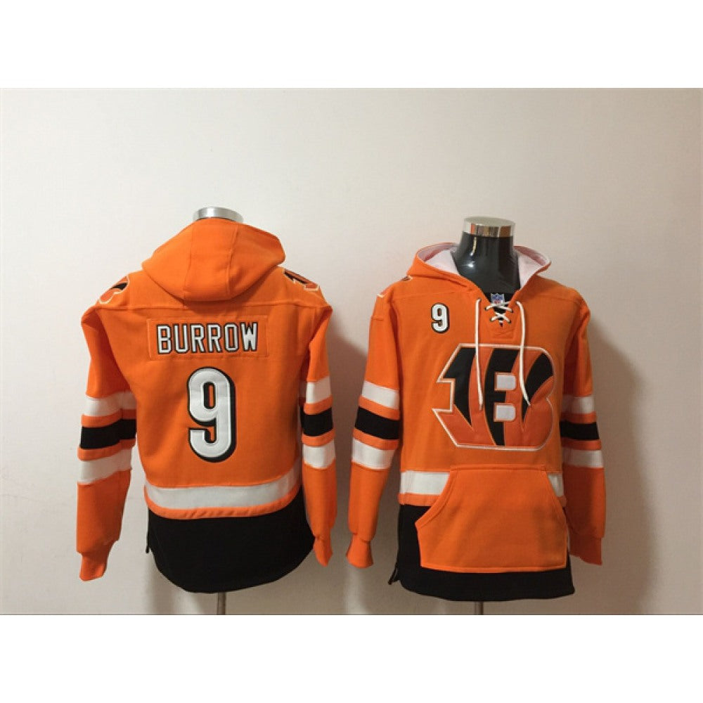 Men's Cincinnati Bengals #9 Joe Burrow Orange Ageless Must-Have Lace-Up Pullover Hoodie 