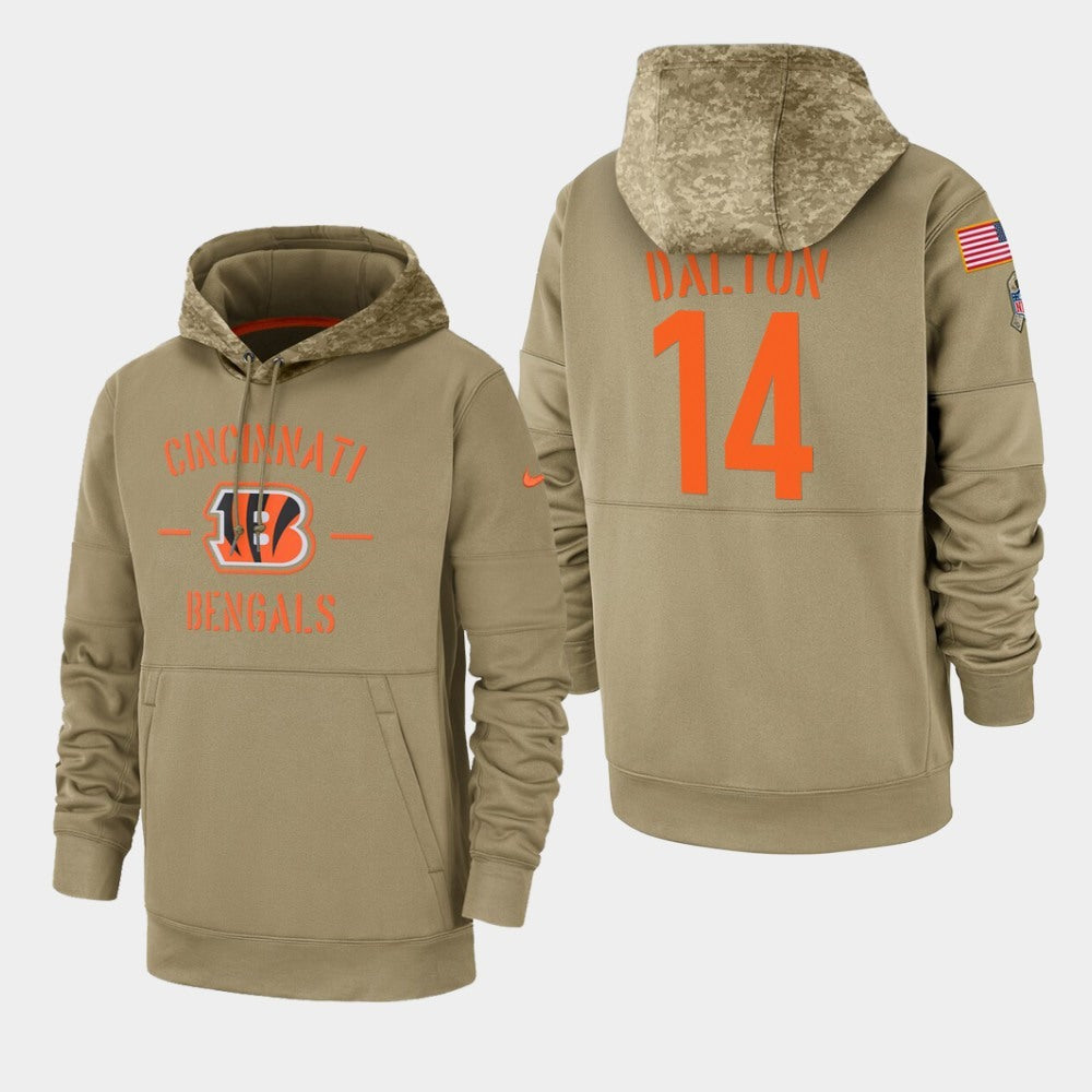 Men's Cincinnati Bengals #14 Andy Dalton Tan 2019 Salute to Service Sideline Therma Pullover Hoodie 