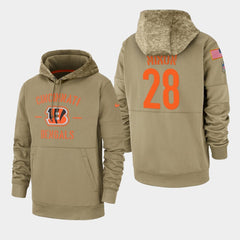 Men's Cincinnati Bengals #28 Joe Mixon Tan 2019 Salute to Service Sideline Therma Pullover Hoodie 