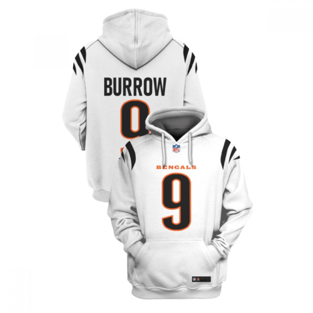 Men's Cincinnati Bengals #9 Joe Burrow 2021 White Pullover Hoodie 