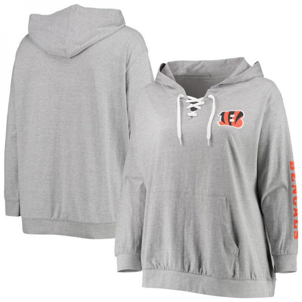 Women's Cincinnati Bengals Heathered Gray Plus Size Lace-Up Pullover Hoodie 