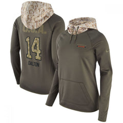 Women's Cincinnati Bengals #14 Andy Dalton Olive Salute to Service Sideline Therma Pullover Hoodie 