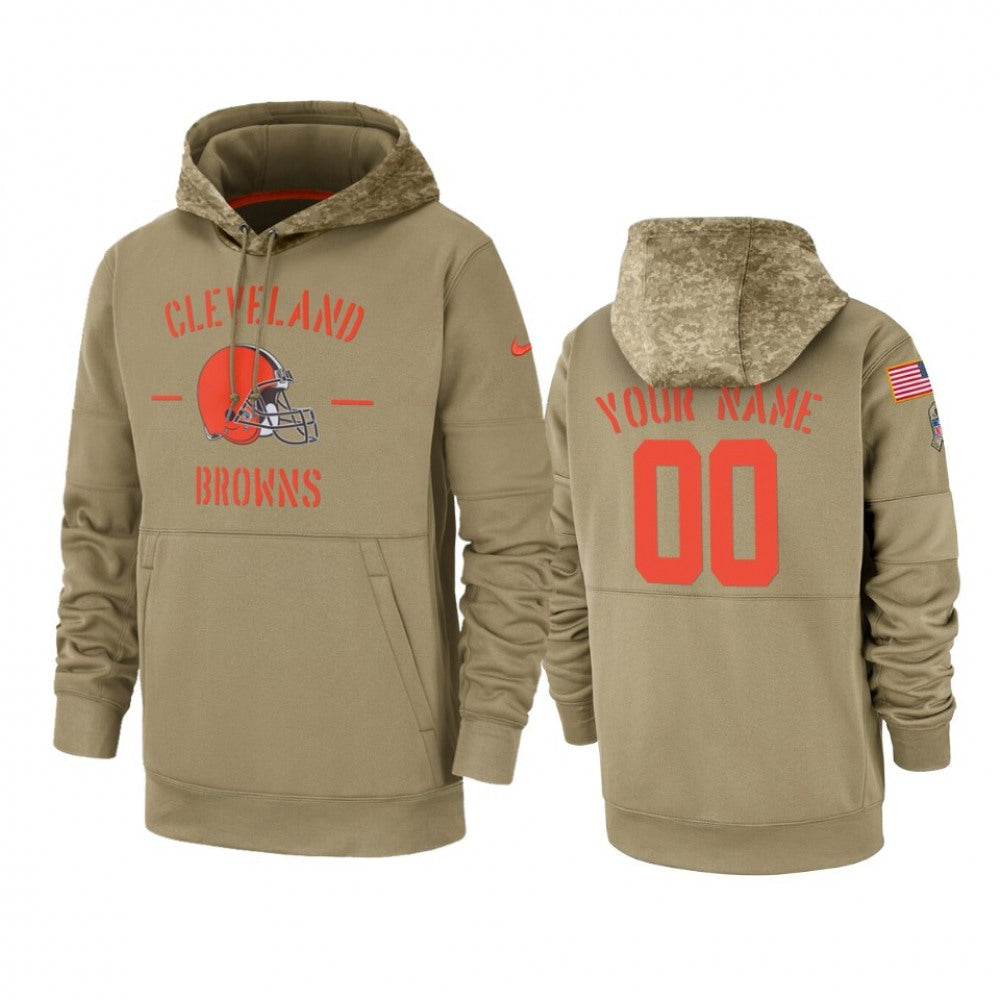 Men's Cleveland Browns Customized Tan 2019 Salute To Service Sideline Therma Pullover Hoodie 