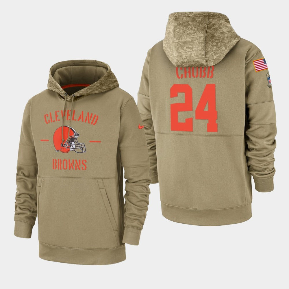 Men's Cleveland Browns #24 Nick Chubb Tan 2019 Salute to Service Sideline Therma Pullover Hoodie 