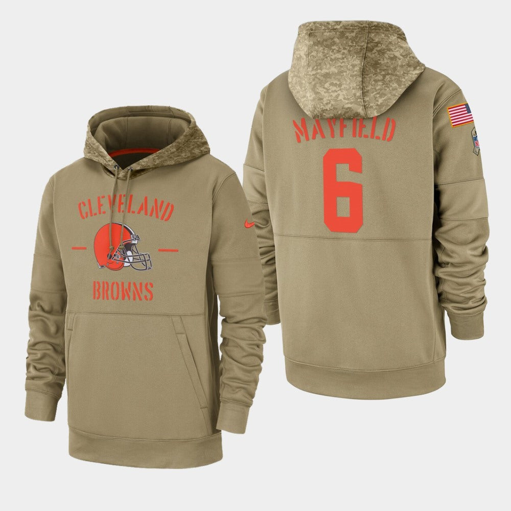 Men's Cleveland Browns #6 Baker Mayfield Tan 2019 Salute to Service Sideline Therma Pullover Hoodie 