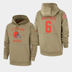 Men's Cleveland Browns #6 Baker Mayfield Tan 2019 Salute to Service Sideline Therma Pullover Hoodie 