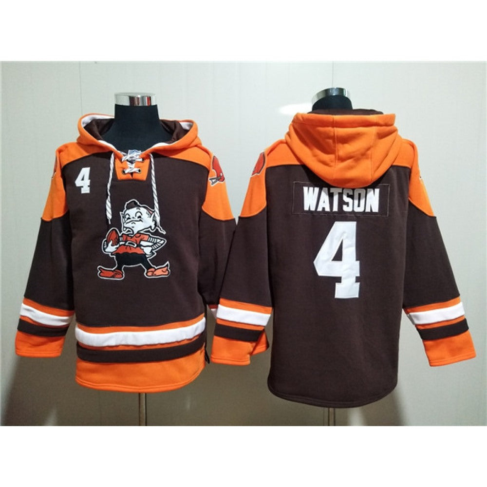 Men's Cleveland Browns #4 Deshaun Watson Brown Lace-Up Pullover Hoodie 