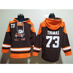 Men's Cleveland Browns #73 Joe Thomas Brown Lace-Up Pullover Hoodie 
