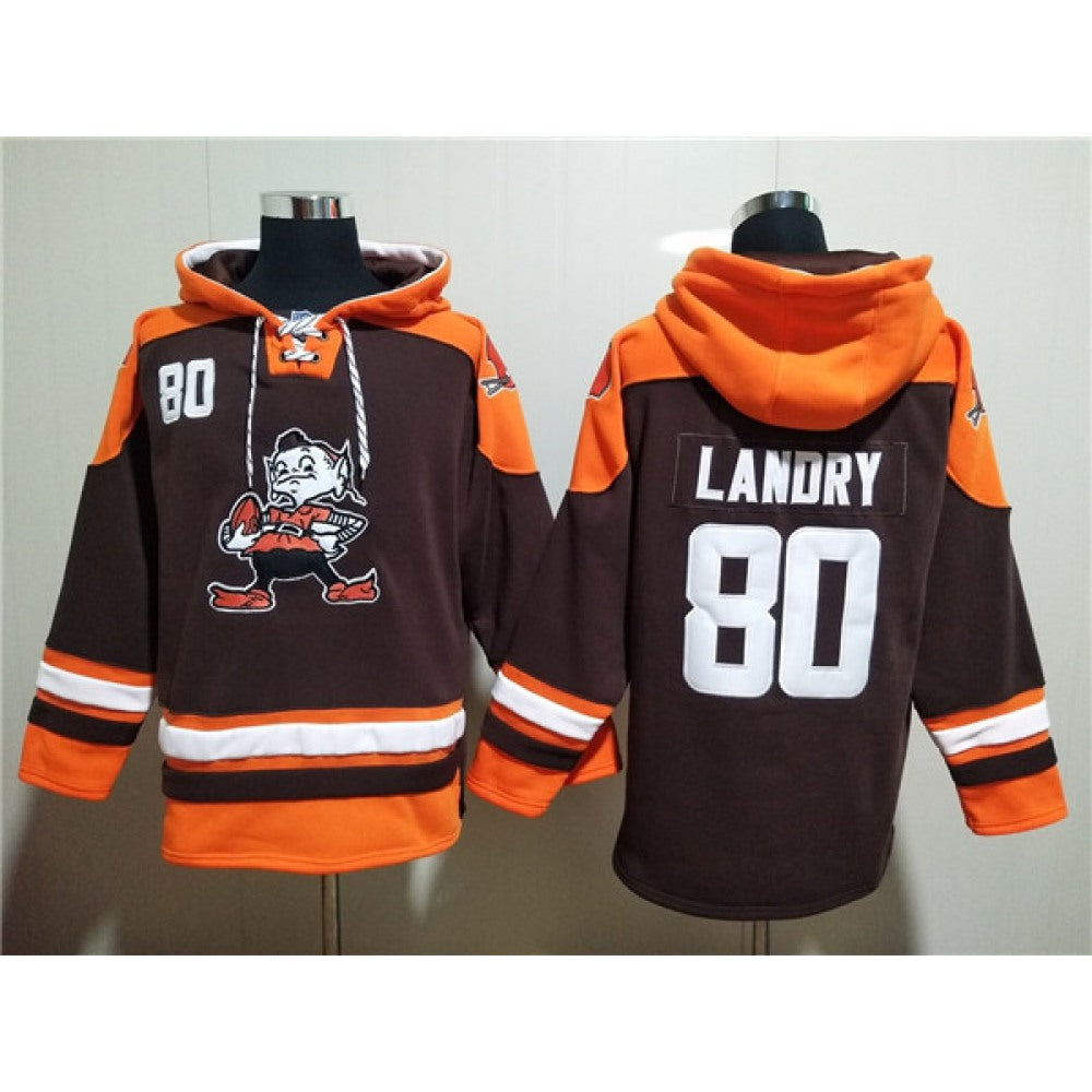 Men's Cleveland Browns #80 Jarvis Landry Brown Lace-Up Pullover Hoodie 