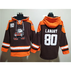 Men's Cleveland Browns #80 Jarvis Landry Brown Lace-Up Pullover Hoodie 