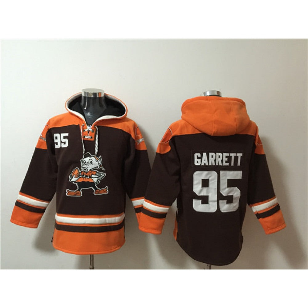 Men's Cleveland Browns #95 Myles Garrett Brown Lace-Up Pullover Hoodie 