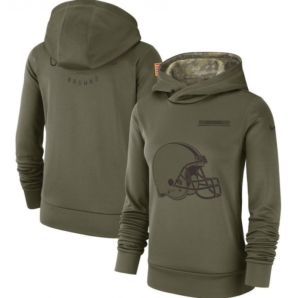 Women's Cleveland Browns #73 Joe Thomas Olive Salute to Service Sideline Therma Pullover Hoodie 