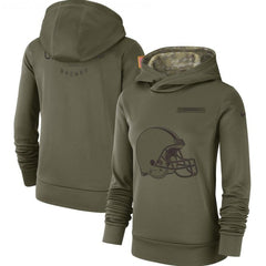 Women's Cleveland Browns #73 Joe Thomas Olive Salute to Service Sideline Therma Pullover Hoodie 