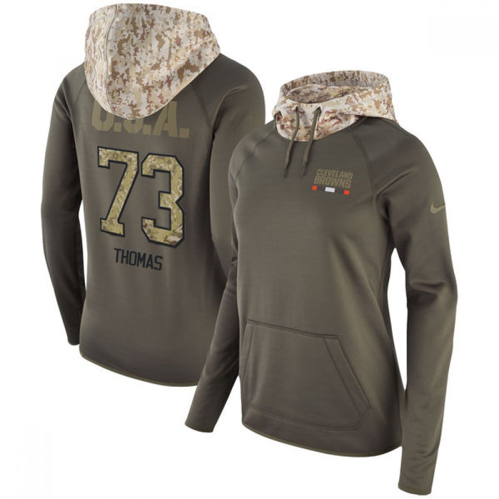 Women's Cleveland Browns #73 Joe Thomas Olive Salute to Service Sideline Therma Pullover Hoodie 