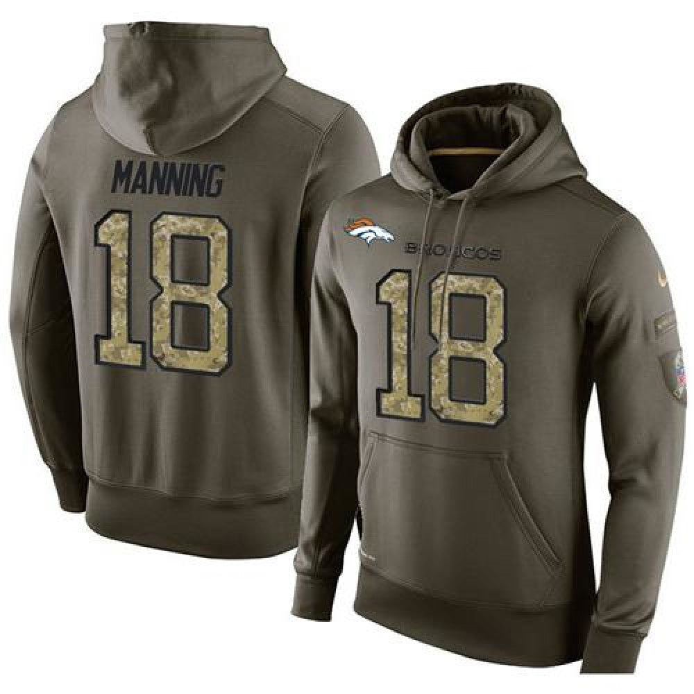 NFL Men's Denver Broncos #18 Peyton Manning Stitched Green Olive Salute To Service KO Performance Hoodie 