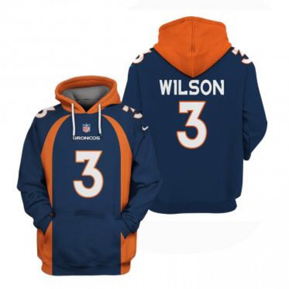 Men's Denver Broncos #3 Russell Wilson Navy Pullover Hoodie 