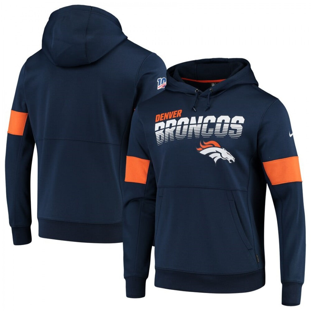 Men's Denver Broncos 2019 Navy 100th Season Sideline Team Logo Performance Pullover Hoodie 