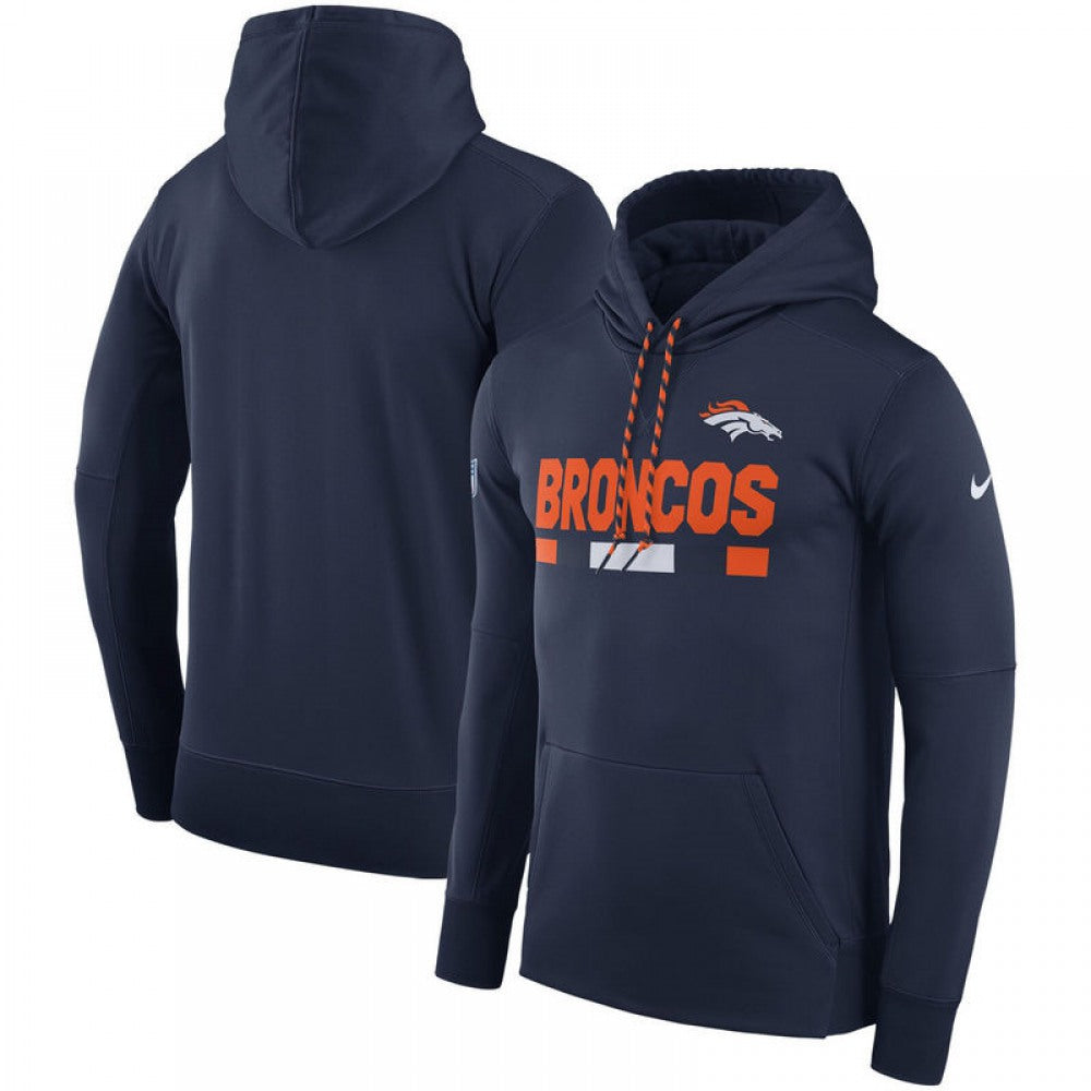 Men's Denver Broncos Navy Sideline Team Name Performance Pullover Hoodie 
