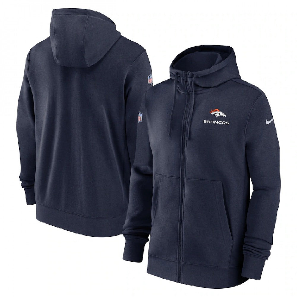 Men's Denver Broncos Navy Sideline Club Performance Full-Zip Hoodie 
